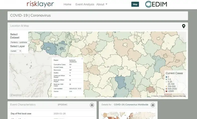 Screenshot einer Karte mit Informationen zur Corona-Pandemie auf der Webseite von Risklayer.