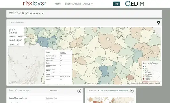 Screenshot einer Karte mit Informationen zur Corona-Pandemie auf der Webseite von Risklayer.