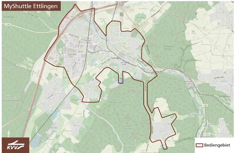 Stadtplan, in dem das Einsatzgebiet der Shuttle-Fahrzeuge eingezeichnet ist.